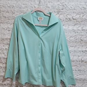 Talbots Long Sleeve Button-Down Wrinkle Resistant Top, Womens 18W Light Teal